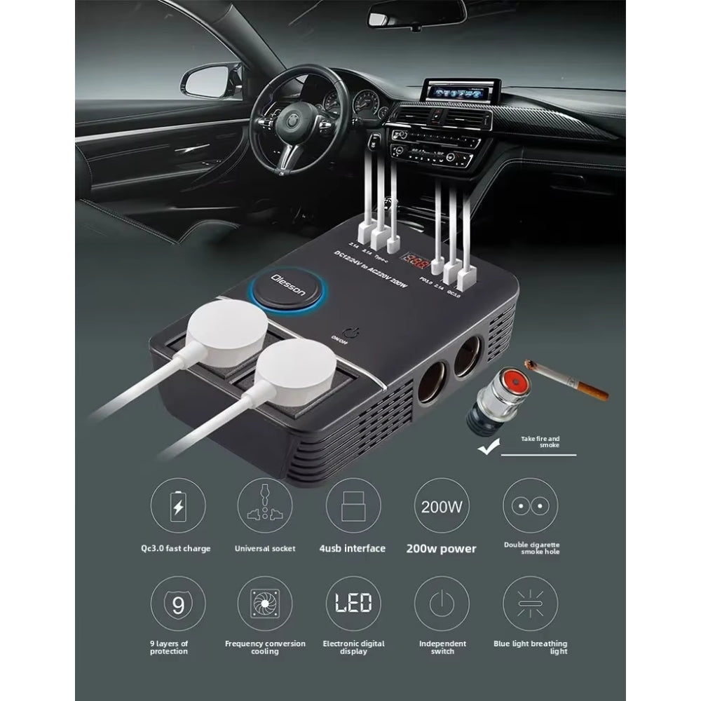 Inversor Corriente 220v 200w 12v 24v Usb Qc3.0 Carga Dual