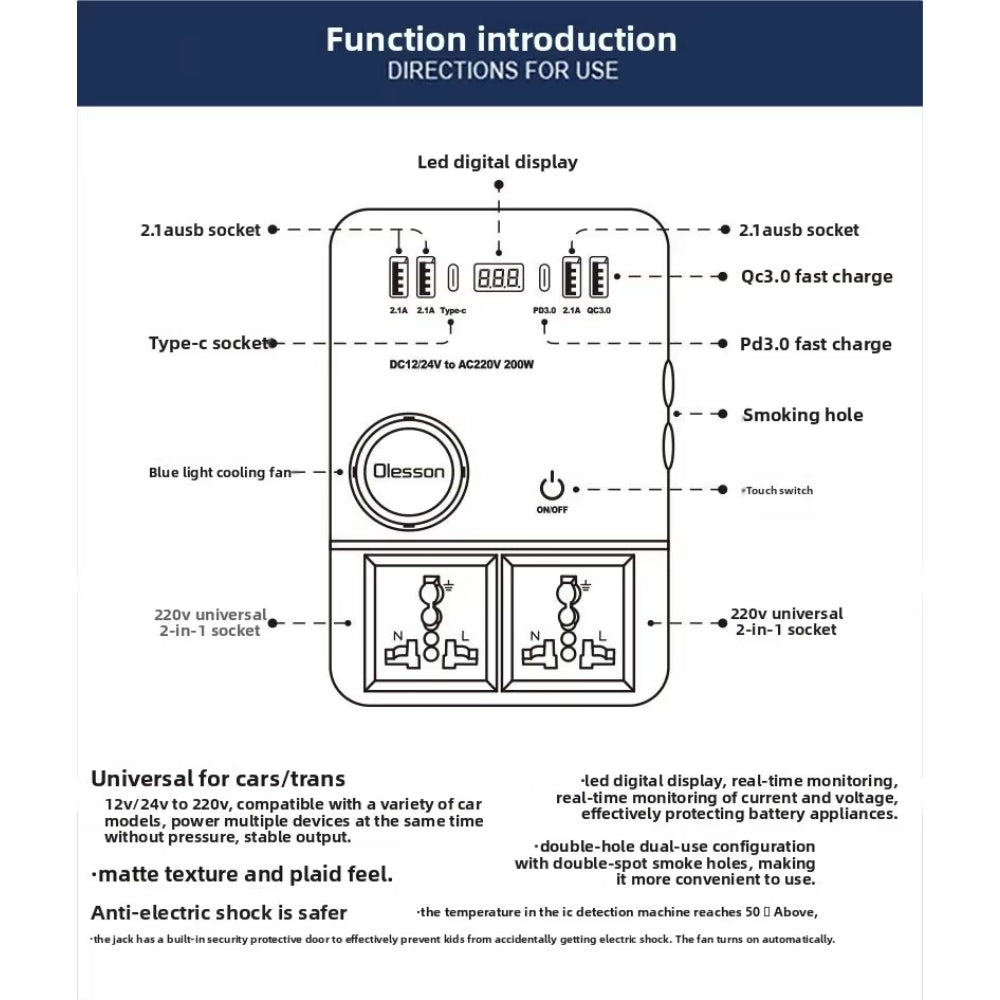 Inversor Corriente 220v 200w 12v 24v Usb Qc3.0 Carga Dual