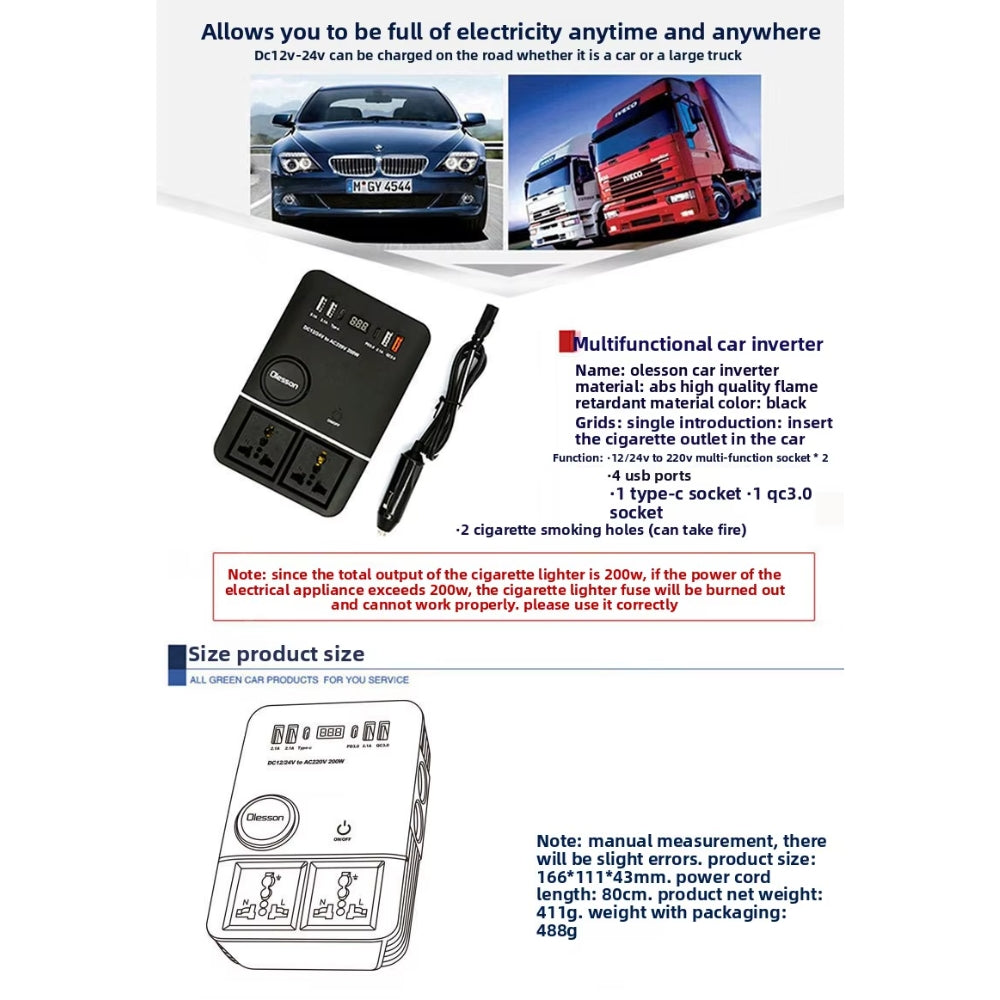 Inversor Corriente 220v 200w 12v 24v Usb Qc3.0 Carga Dual