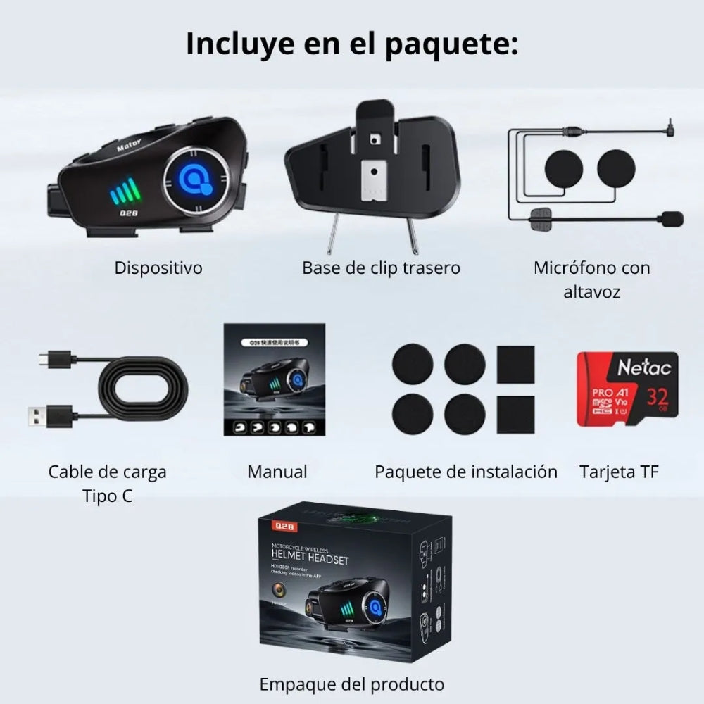 Audífonos Bluetooth para Casco con Cámara HD 1080P IPX6 32GB WiFi Moto