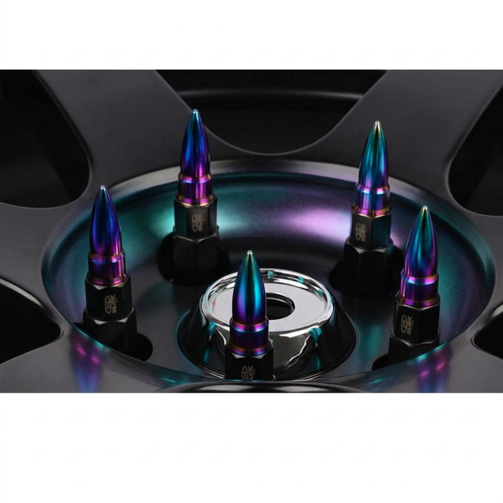 Cinco pernos BLOX Tuning tipo bala tornasol instalados en aro negro