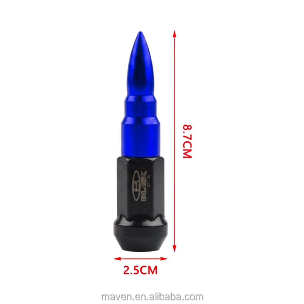 Perno BLOX Tuning tipo bala azul con base negra y medidas