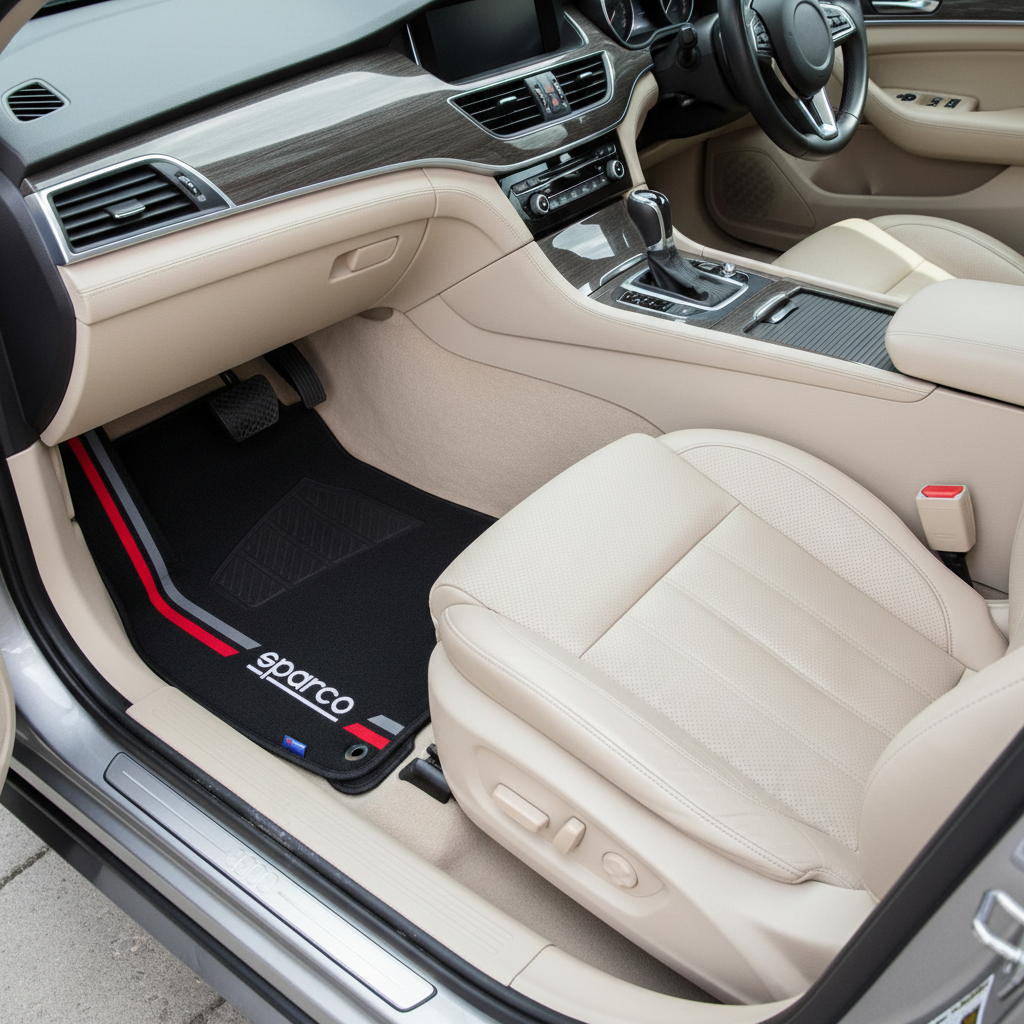 Piso Sparco SPF508 en auto con asientos beige