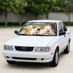 Tapasol original con estampado de perros en un Nissan Tsuru